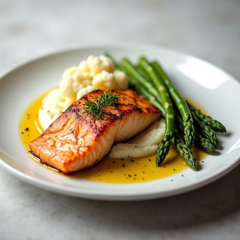 Seared Salmon Fillet with Roasted Asparagus and Cauliflower Mash