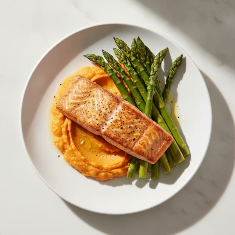 Seared Salmon Fillet with Roasted Asparagus and Sweet Potato Mash