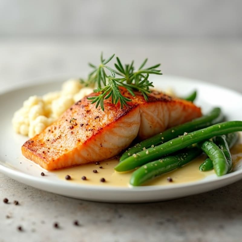Seared Salmon with Steamed Green Beans and Cauliflower Mash