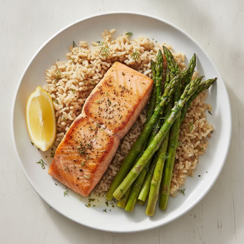 Seared Salmon Fillet with Herb Roasted Asparagus and Brown Rice