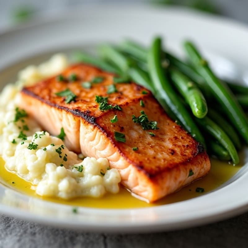 Seared Salmon with Garlic Green Beans and Mashed Cauliflower