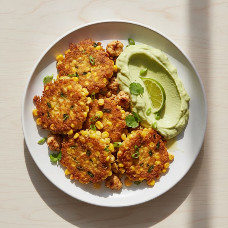 Chicken and Corn Fritters with Avocado Crema