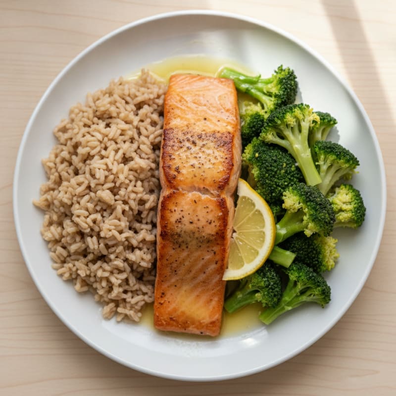 Seared Salmon with Steamed Broccoli and Brown Rice