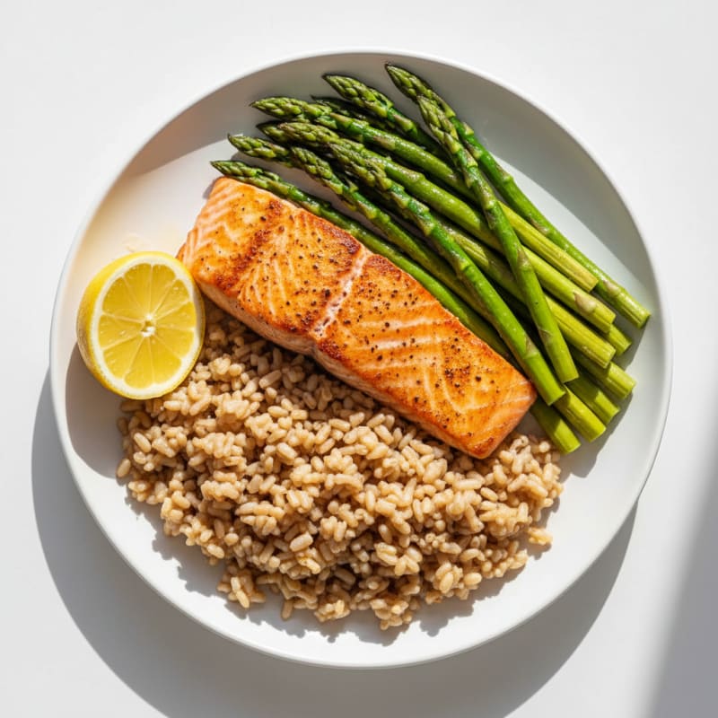Seared Salmon with Steamed Asparagus and Brown Rice