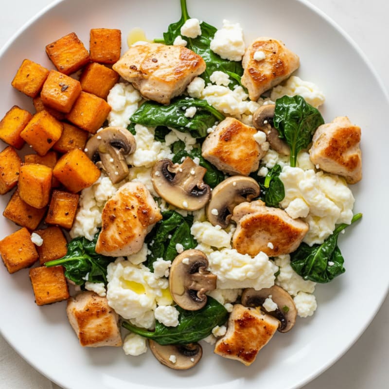 Egg White and Chicken Breast Scramble with Sautéed Mushrooms and Spinach