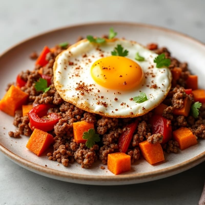 Spiced Sweet Potato and Ground Beef Hash