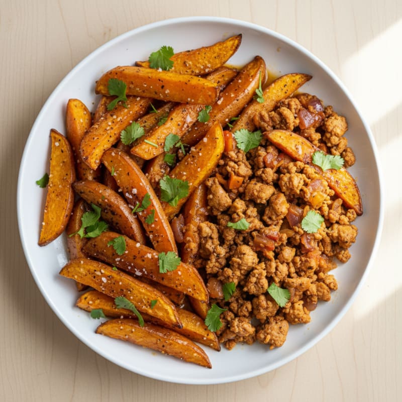 Crispy Roasted Sweet Potato Wedges with Savory Turkey