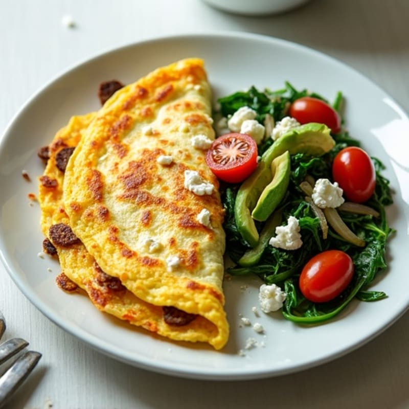Crispy Egg White Omelette with Turkey Sausage and Sautéed Spinach