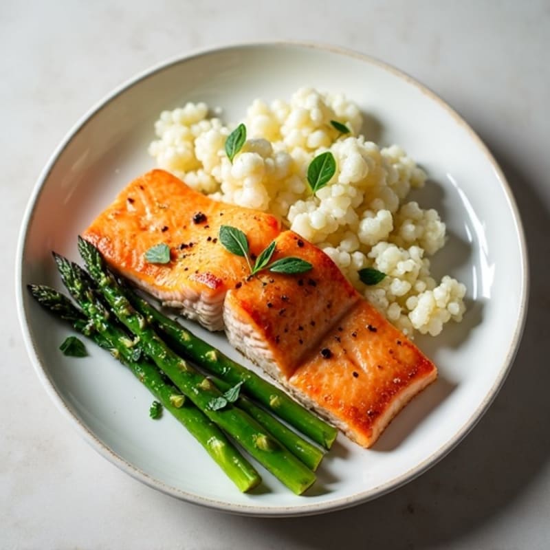 Seared Salmon Fillet with Garlic Asparagus and Cauliflower Rice