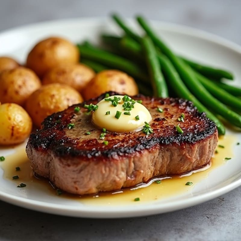 Pan-Seared Garlic Butter Steak with Roasted Potatoes and Green Beans