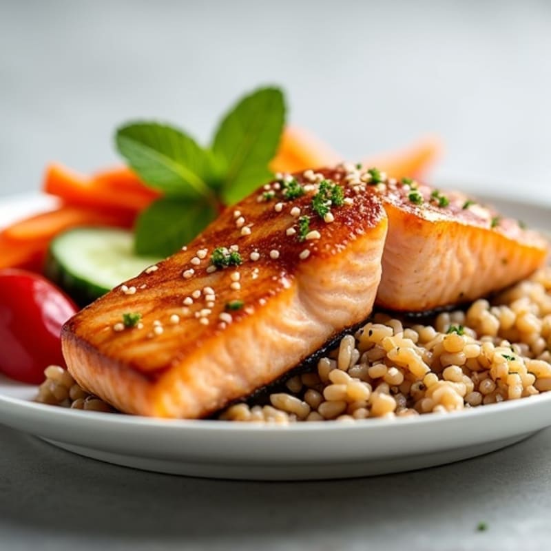 Sesame-Ginger Salmon with Brown Rice and Fresh Crunchy Vegetables