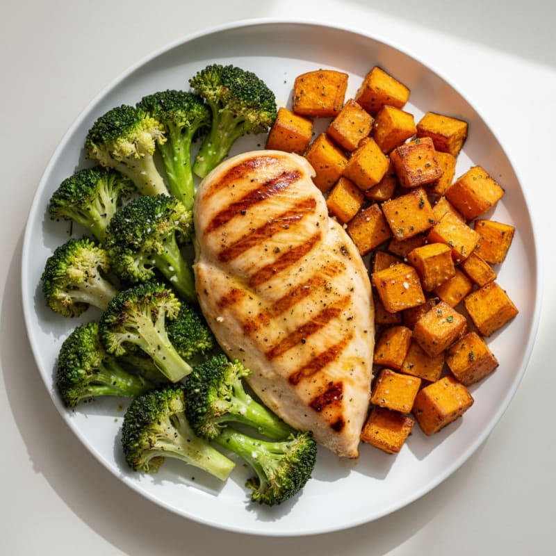 Grilled Chicken Breast with Roasted Broccoli and Sweet Potato