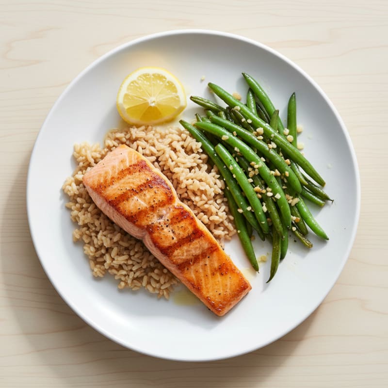 Seared Salmon with Garlic Green Beans and Brown Rice