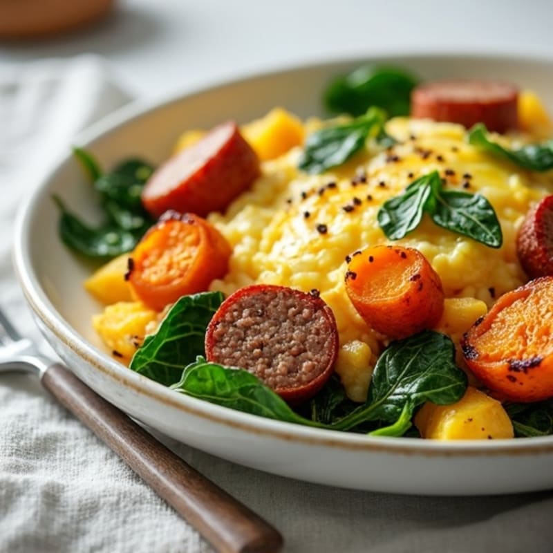 Egg White and Turkey Sausage Scramble with Spinach and Roasted Sweet Potatoes