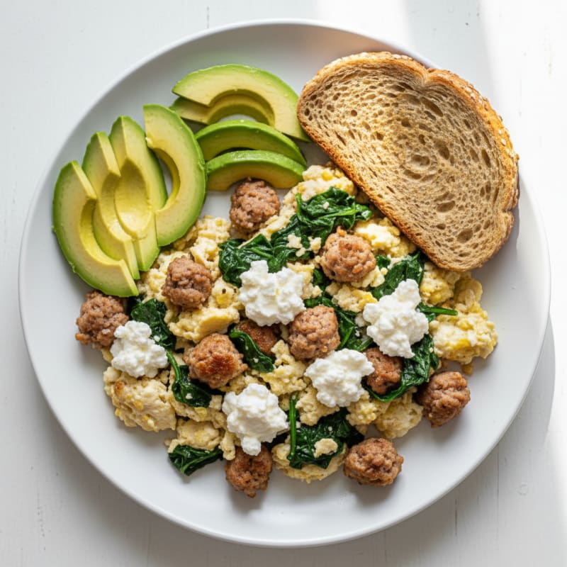 Egg White and Turkey Sausage Scramble with Cottage Cheese and Sautéed Spinach