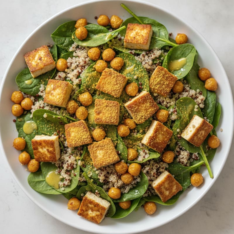 Crispy Tofu and Quinoa Power Salad with Roasted Chickpeas