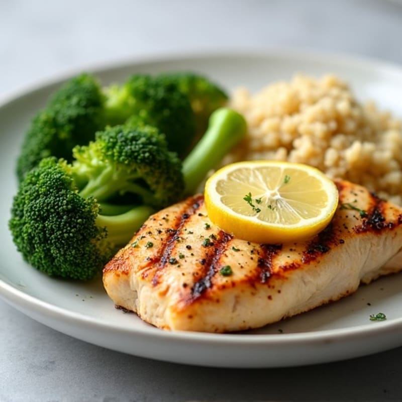 Grilled Lemon-Garlic Chicken Breast with Steamed Broccoli and Quinoa