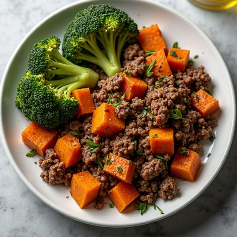 Savory Ground Beef and Sweet Potato Skillet with Roasted Broccoli