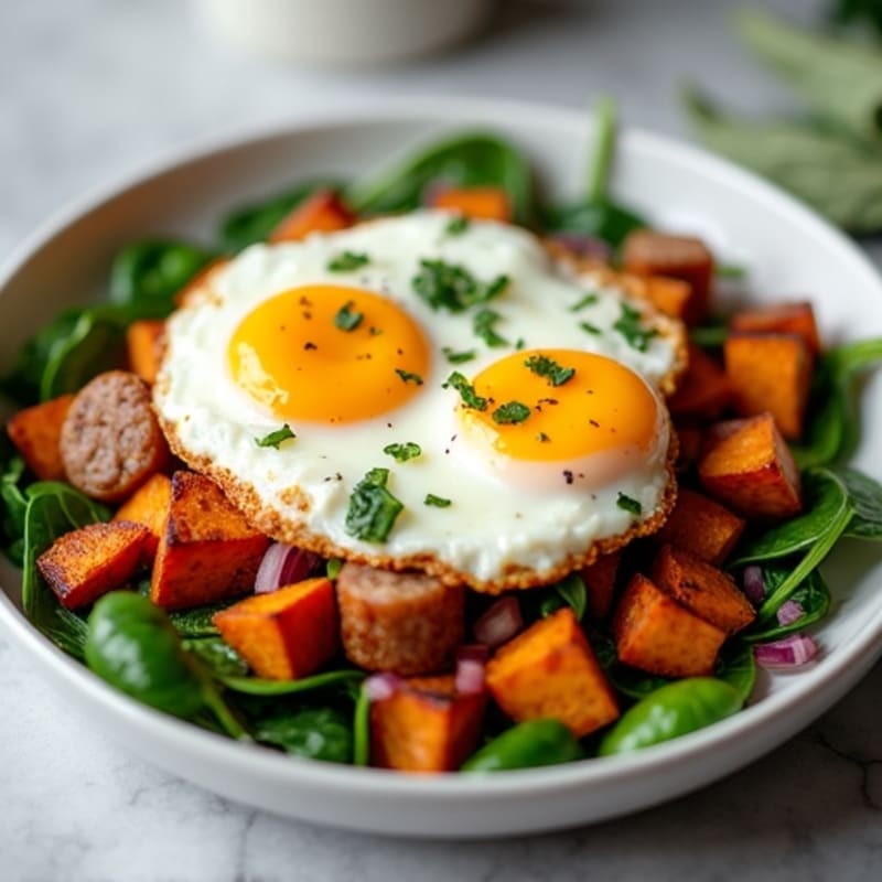 Crispy Sweet Potato and Lean Turkey Sausage Hash with Eggs