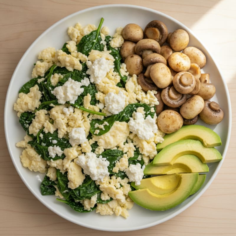 Egg White Spinach Scramble with Cottage Cheese and Sautéed Mushrooms