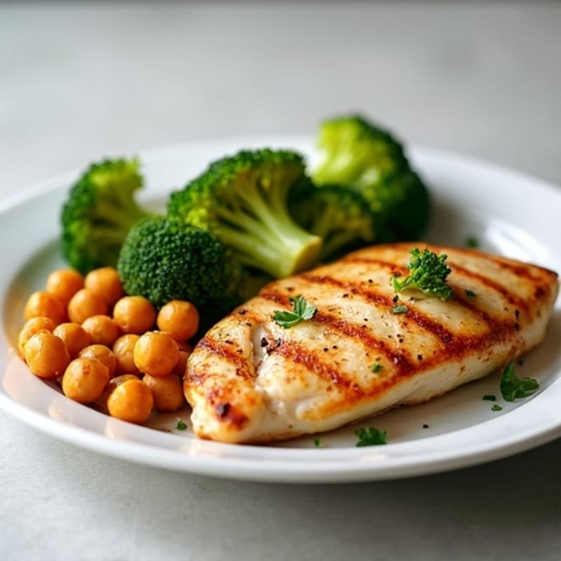 Grilled Chicken Breast with Roasted Broccoli and Chickpeas