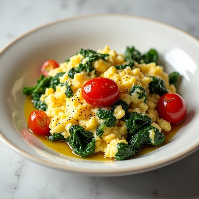 Cottage Cheese Egg White Scramble with Sautéed Spinach and Cherry Tomatoes