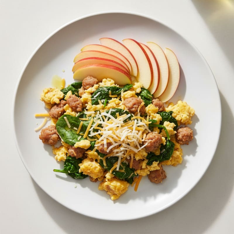 Egg and Turkey Sausage Scramble with Spinach and Cheddar