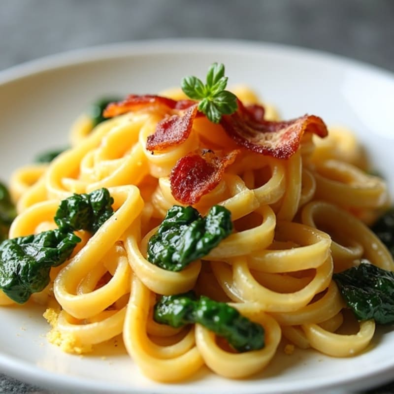 Creamy Egg Yolk Pasta with Crispy Turkey Bacon and Fresh Spinach