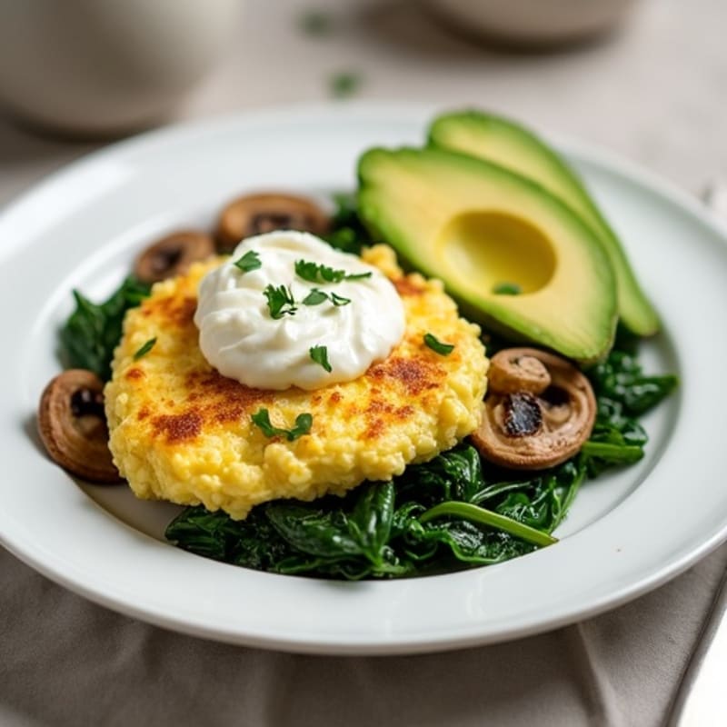 Egg White Spinach Scramble with Cottage Cheese and Sautéed Mushrooms