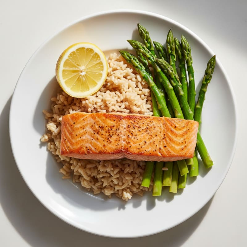 Seared Salmon Fillet with Steamed Asparagus and Brown Rice