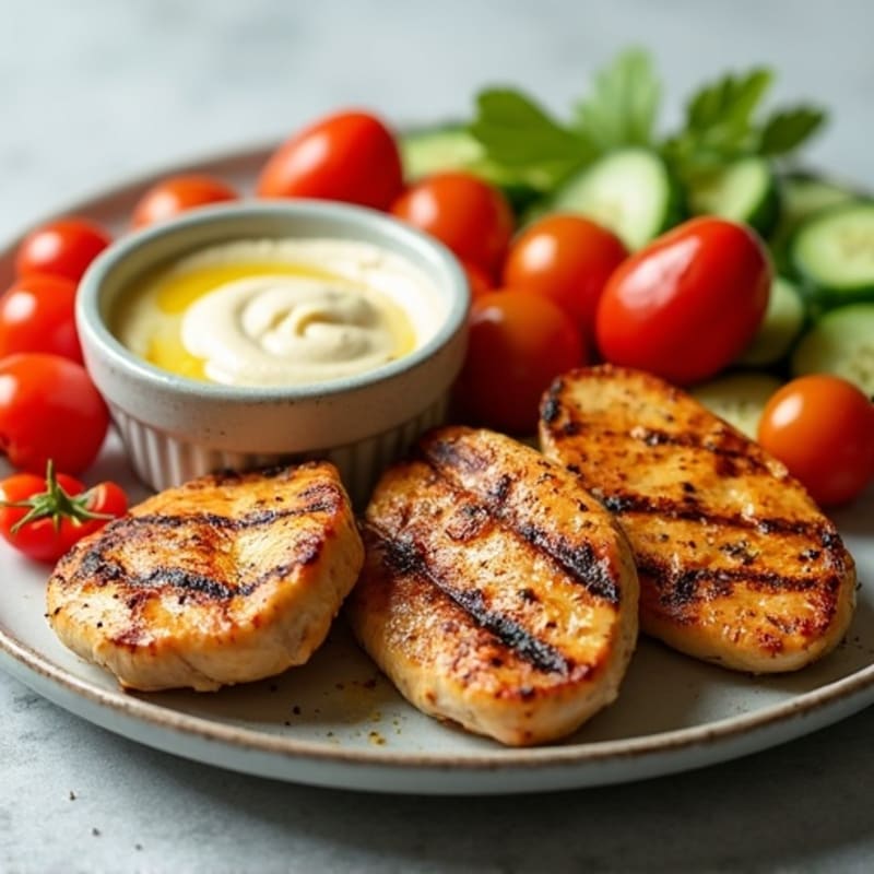 Grilled Chicken and Fresh Vegetable Platter with Creamy Hummus