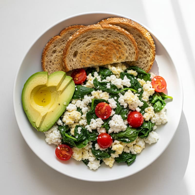 Cottage Cheese Egg White Scramble with Spinach and Tomatoes