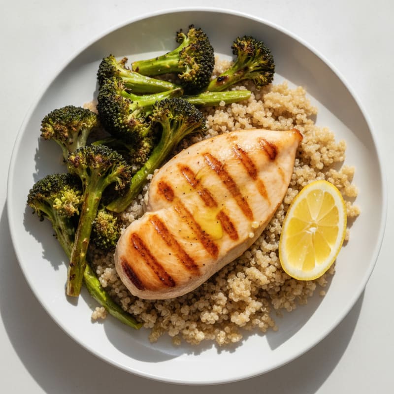 Grilled Chicken Breast with Quinoa and Roasted Broccoli