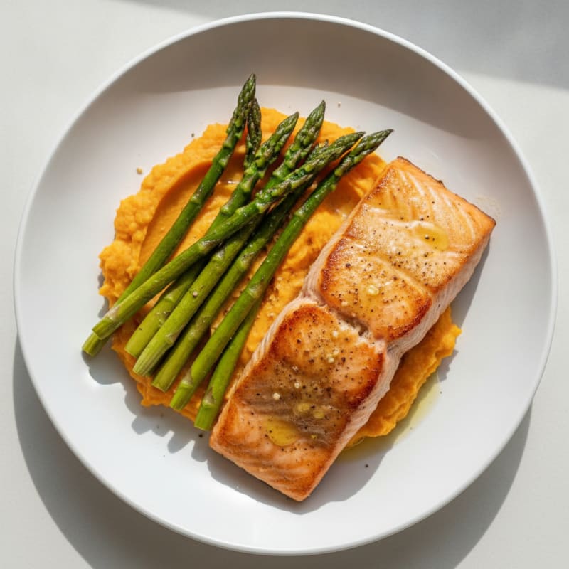 Seared Salmon Fillet with Roasted Asparagus and Sweet Potato Mash