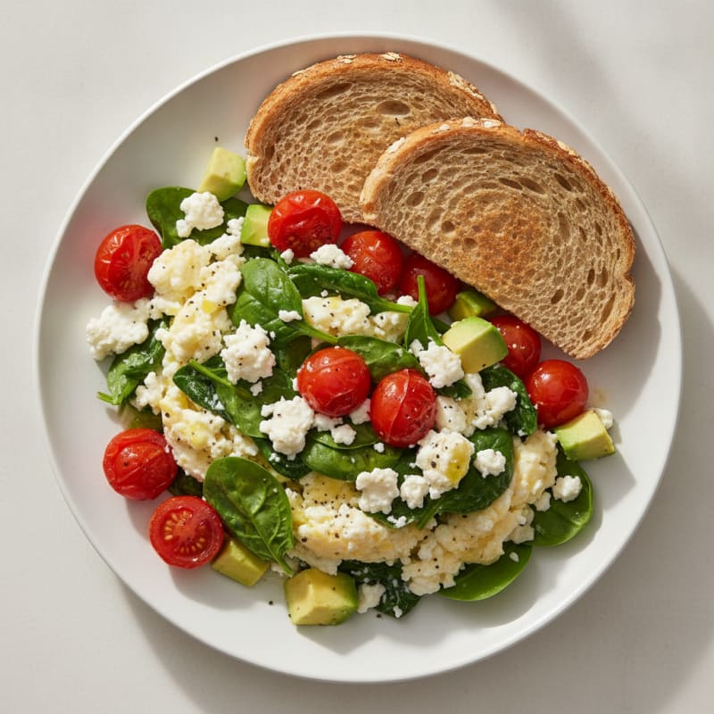 Egg White and Spinach Scramble with Cottage Cheese and Cherry Tomatoes