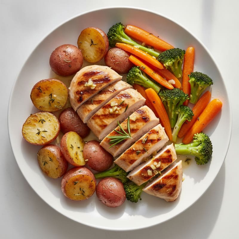 Grilled Chicken Breast with Steamed Vegetables and Herb Potatoes