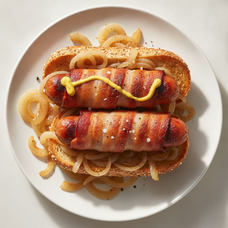 Bacon-Wrapped Hot Dogs with Caramelized Onions