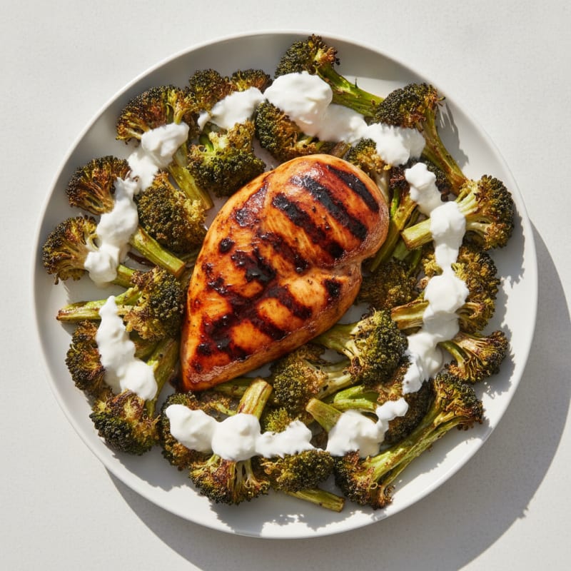 Saucy Grilled Chicken Breast with Roasted Broccoli and Garlic Yogurt Drizzle