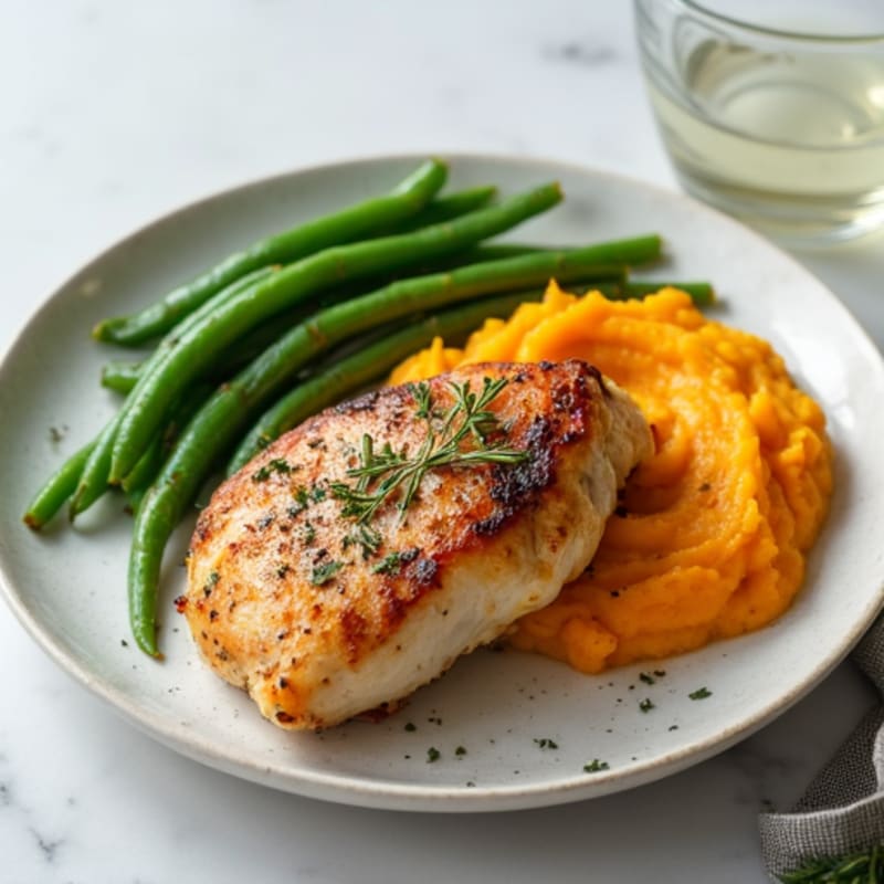 Herb-Roasted Chicken Thighs with Steamed Green Beans and Sweet Potato Mash