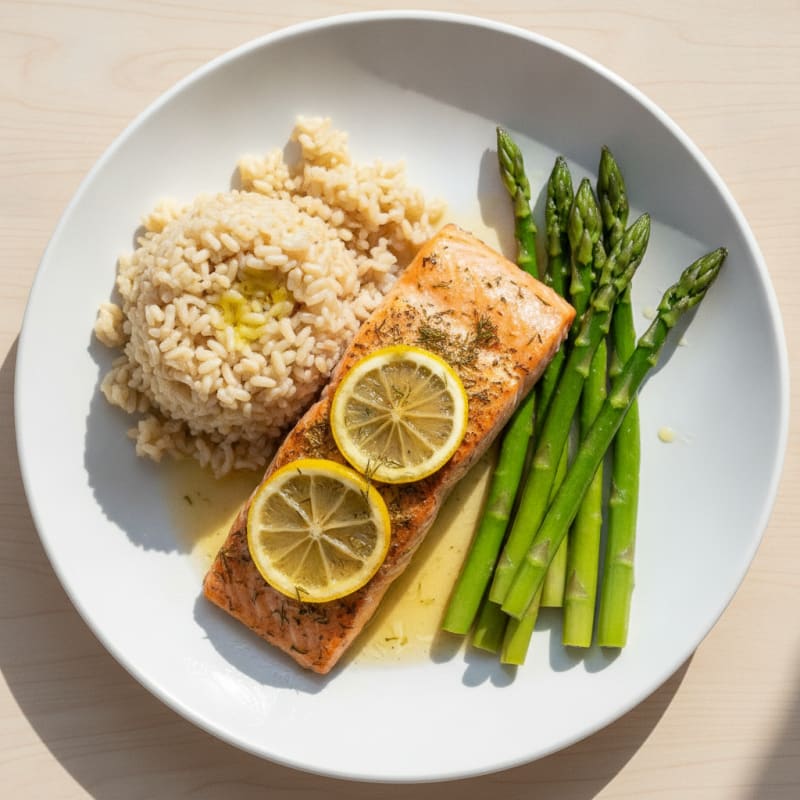 Baked Salmon with Steamed Asparagus and Brown Rice