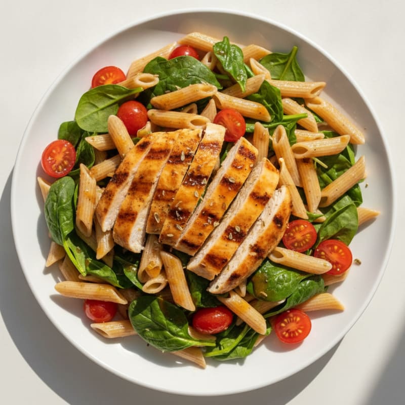 Grilled Chicken Pasta Salad with Spinach and Cherry Tomatoes