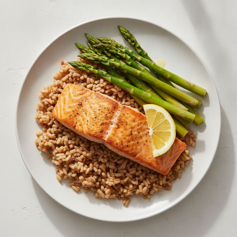 Seared Salmon with Steamed Asparagus and Brown Rice