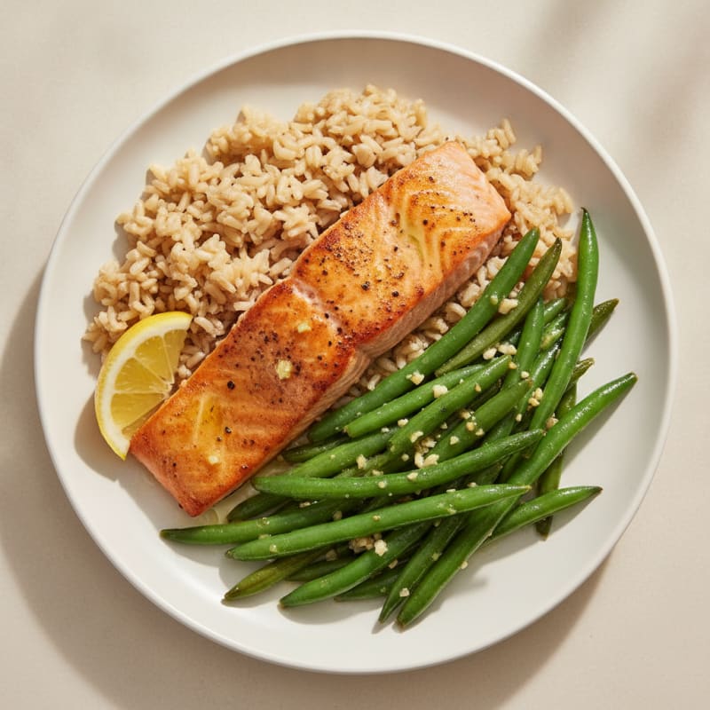 Seared Salmon Fillet with Garlic Green Beans and Brown Rice