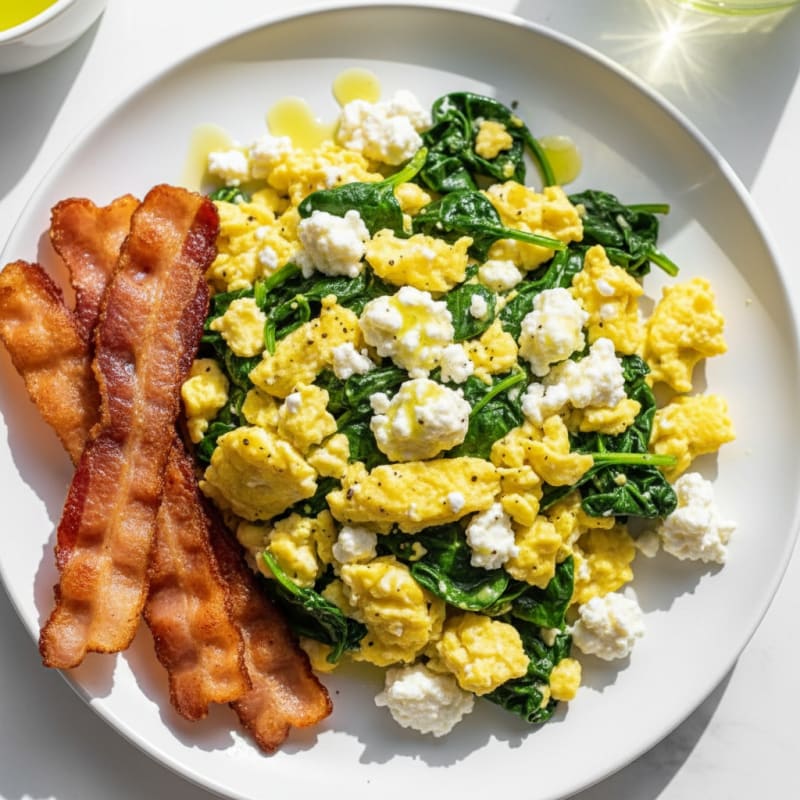 Cottage Cheese Egg Scramble with Spinach and Turkey Bacon