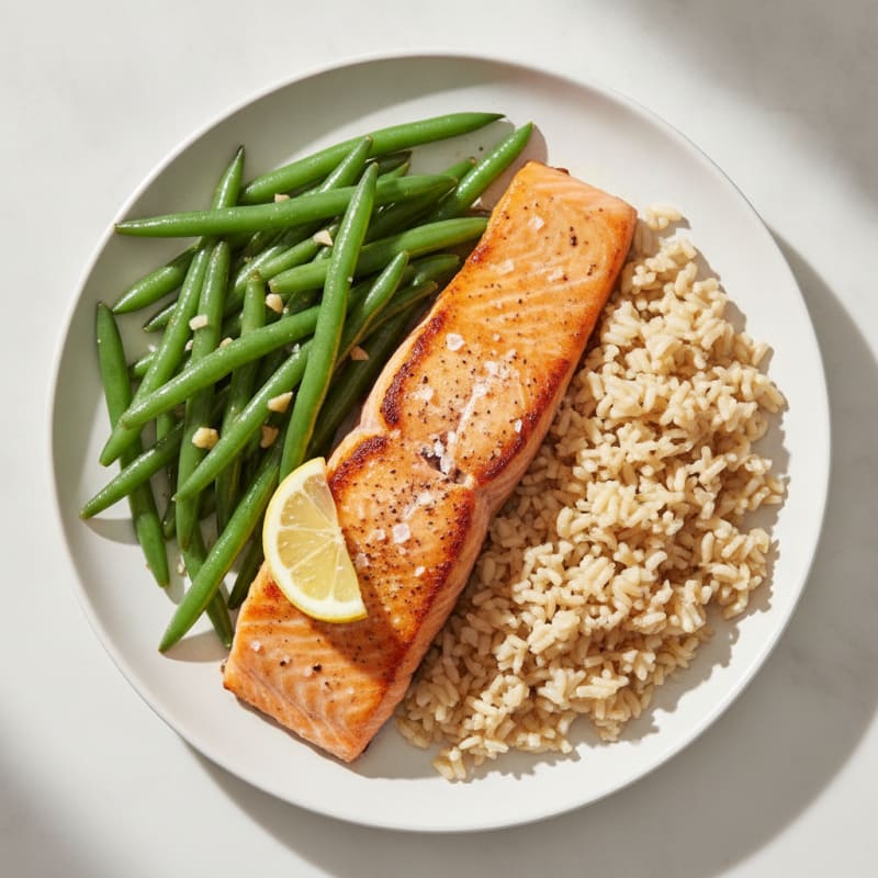 Seared Salmon Fillet with Garlic Green Beans and Brown Rice