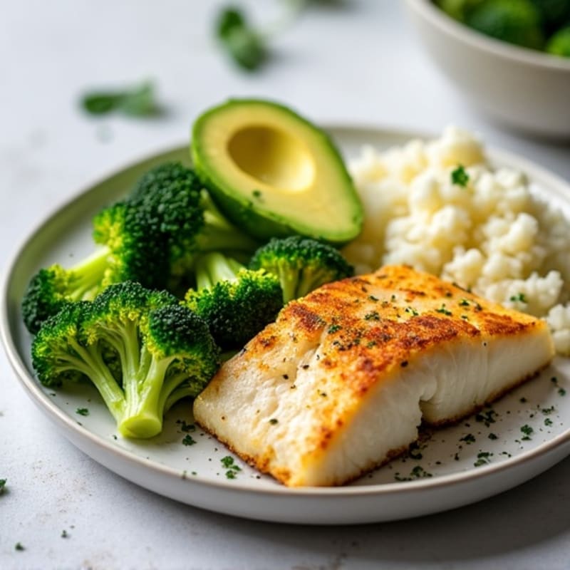 Seared Cod with Steamed Broccoli and Cauliflower Rice
