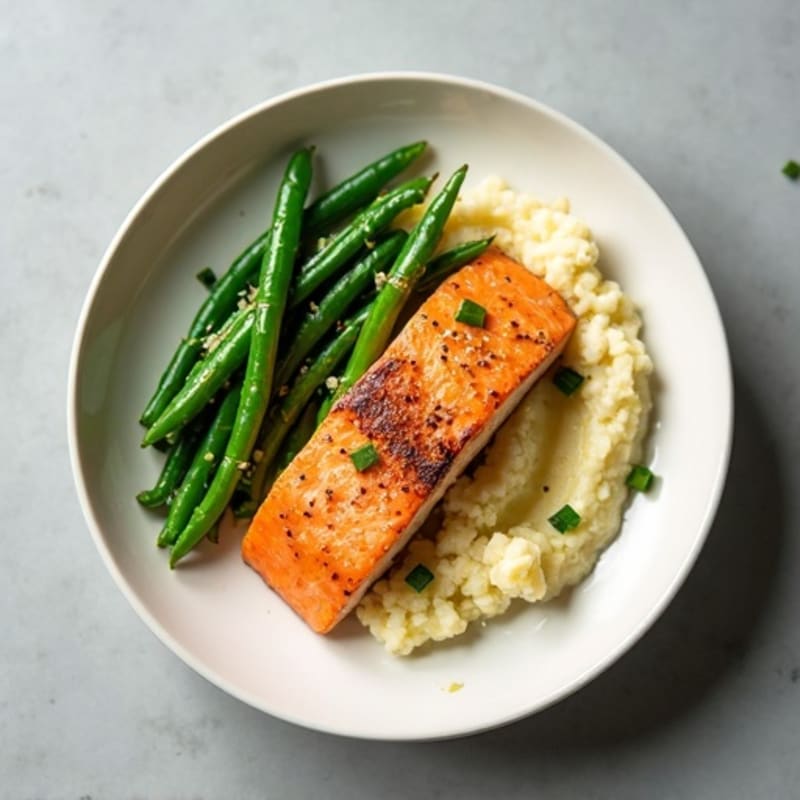 Seared Salmon with Garlic Green Beans and Cauliflower Mash