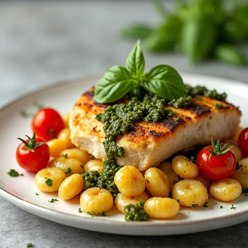Crispy Pan-Seared Gnocchi with Fresh Basil Pesto and Roasted Cherry Tomatoes