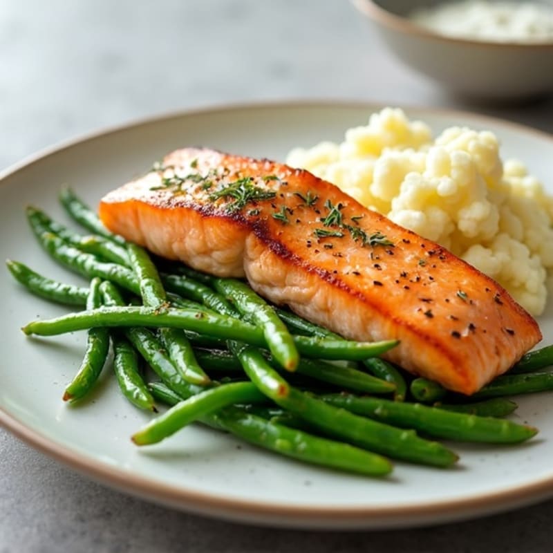 Seared Salmon with Steamed Green Beans and Garlic Mashed Cauliflower
