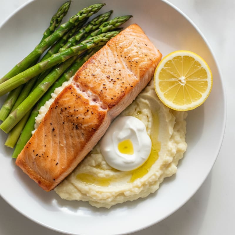 Seared Salmon with Steamed Asparagus and Garlic Mashed Cauliflower